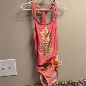 Pink Swimsuit with Gold Pineapple Design